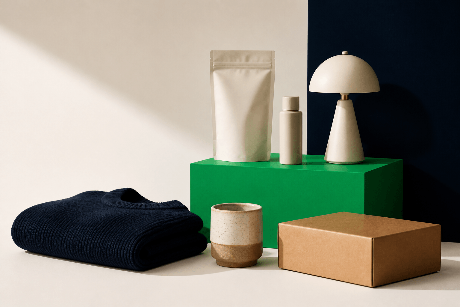 Selección de prendas, café, cerámica, cosmética, iluminación y paquetería presentada como una campaña editorial
